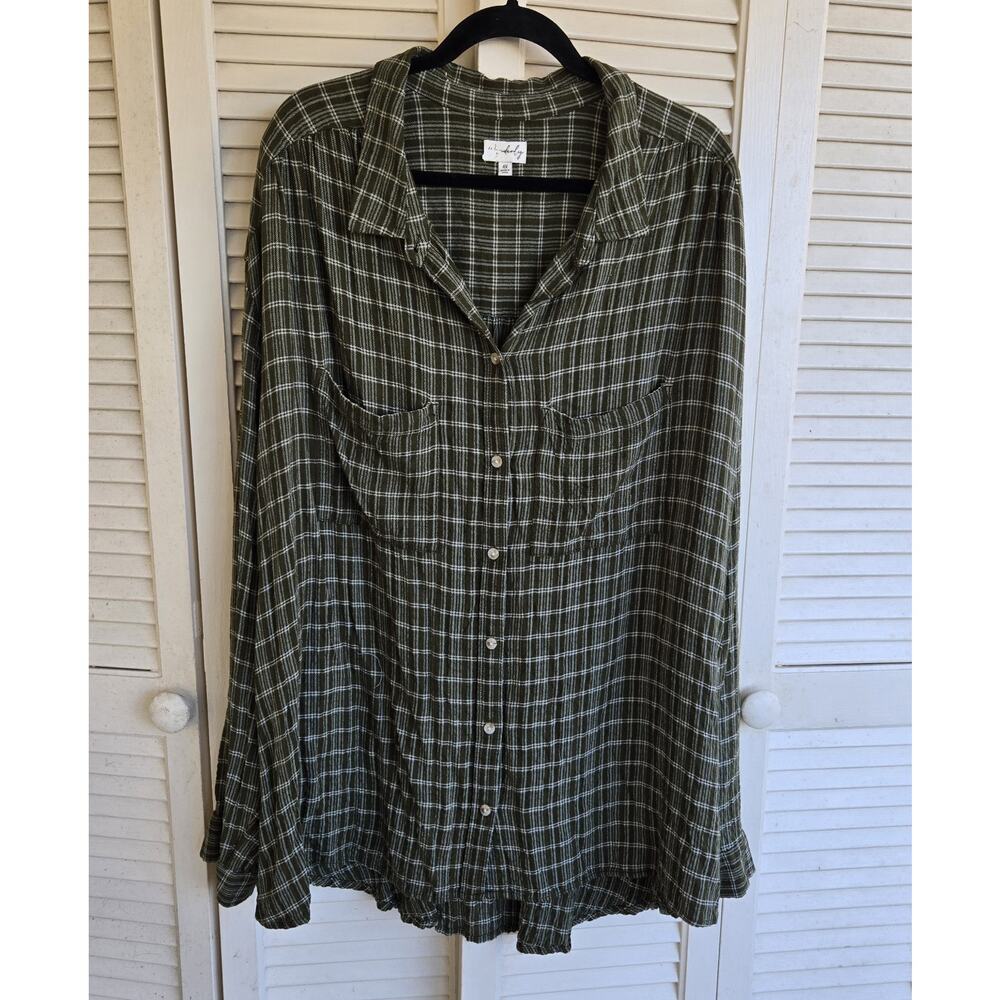 Wonderly Long Sleeve Soft Flannel Shirt Green with White Size 4X Button Up